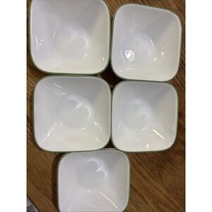 5 Corelle Square Kobe Bowls, Sage Green Rim, Bamboo Leaf, Shadow Iris White (B)